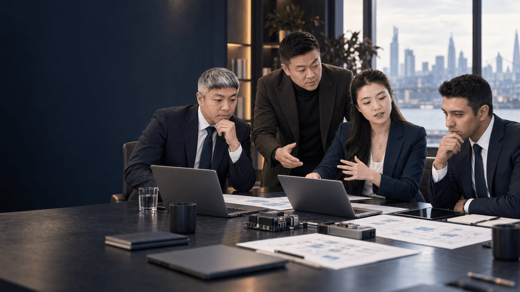 Technology operators reviewing architecture and integration plans in a working studio
