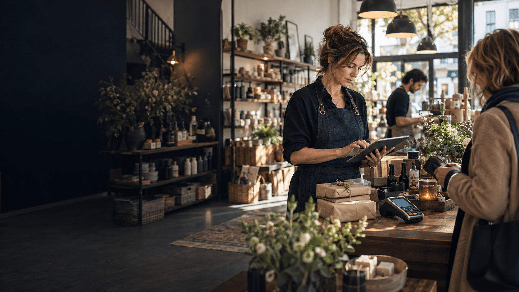 Independent business owner managing digital orders at a working retail counter
